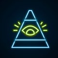 Glowing neon line Masons symbol All-seeing eye of God icon isolated on black background. The eye of Providence in the