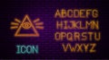 Glowing neon line Masons symbol All-seeing eye of God icon isolated on brick wall background. The eye of Providence in