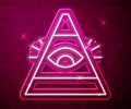 Glowing neon line Masons symbol All-seeing eye of God icon isolated on red background. The eye of Providence in the