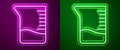 Glowing neon line Measuring cup icon isolated on purple and green background. Plastic graduated beaker with handle