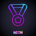 Glowing neon line Medal icon isolated on black background. Winner symbol. Vector