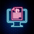 Glowing neon line Medical clinical record pet on monitor icon isolated on brick wall background. Health insurance form