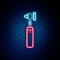 Glowing neon line Medical otoscope tool icon isolated on brick wall background. Medical instrument. Colorful outline