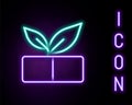 Glowing neon line Medical pill with plant icon isolated on black background. Herbal pill. Colorful outline concept