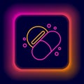 Glowing neon line Medicine pill or tablet icon isolated on black background. Capsule pill and drug sign. Pharmacy design Royalty Free Stock Photo