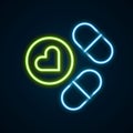 Glowing neon line Medicine pill or tablet icon isolated on black background. Capsule pill and drug sign. Pharmacy design Royalty Free Stock Photo