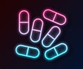 Glowing neon line Medicine pill or tablet icon isolated on black background. Capsule pill and drug sign. Pharmacy design Royalty Free Stock Photo