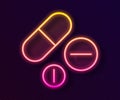 Glowing neon line Medicine pill or tablet icon isolated on black background. Capsule pill and drug sign. Pharmacy design Royalty Free Stock Photo