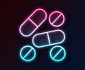 Glowing neon line Medicine pill or tablet icon isolated on black background. Capsule pill and drug sign. Pharmacy design Royalty Free Stock Photo