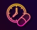 Glowing neon line Medicine pill or tablet icon isolated on black background. Capsule pill and drug sign. Pharmacy design. Vector Royalty Free Stock Photo