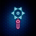 Glowing neon line Medieval chained mace ball icon isolated on brick wall background. Medieval weapon. Colorful outline Royalty Free Stock Photo