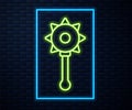 Glowing neon line Medieval chained mace ball icon isolated on brick wall background. Medieval weapon. Vector