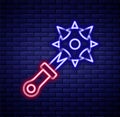 Glowing neon line Medieval chained mace ball icon isolated on brick wall background. Morgenstern medieval weapon or mace