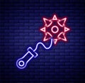 Glowing neon line Medieval chained mace ball icon isolated on brick wall background. Morgenstern medieval weapon or mace