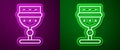 Glowing neon line Medieval goblet icon isolated on purple and green background. Vector Royalty Free Stock Photo