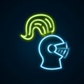 Glowing neon line Medieval iron helmet for head protection icon isolated on black background. Knight helmet. Colorful