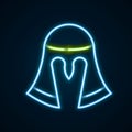 Glowing neon line Medieval iron helmet for head protection icon isolated on black background. Knight helmet. Colorful