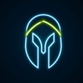 Glowing neon line Medieval iron helmet for head protection icon isolated on black background. Knight helmet. Colorful