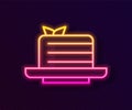Glowing neon line Medovik icon isolated on black background. Honey layered cake or russian cake Medovik on plate. Vector