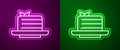 Glowing neon line Medovik icon isolated on purple and green background. Honey layered cake or russian cake Medovik on