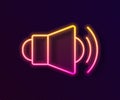 Glowing neon line Megaphone icon isolated on black background. Speaker sign. Vector