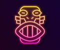 Glowing neon line Mexican mayan or aztec mask icon isolated on black background. Vector