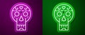Glowing neon line Mexican skull icon isolated on purple and green background. Vector