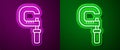 Glowing neon line Micrometer icon isolated on purple and green background. Measuring engineer tool. Universal device