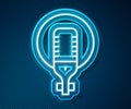 Glowing neon line Microphone icon isolated on blue background. On air radio mic microphone. Speaker sign. Vector Royalty Free Stock Photo