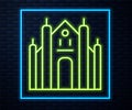 Glowing neon line Milan Cathedral or Duomo di Milano icon isolated on brick wall background. Famous landmark of Milan