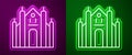 Glowing neon line Milan Cathedral or Duomo di Milano icon isolated on purple and green background. Famous landmark of