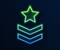 Glowing neon line Military rank icon isolated on blue background. Military badge sign. Vector