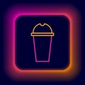 Glowing neon line Milkshake icon isolated on black background. Plastic cup with lid and straw. Colorful outline concept