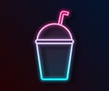 Glowing neon line Milkshake icon isolated on black background. Plastic cup with lid and straw. Vector. Illustration