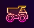 Glowing neon line Mining dump truck icon isolated on black background. Vector