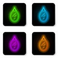 Glowing neon line Mirror icon isolated on white background. Black square button. Vector