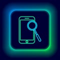 Glowing neon line Mobile phone diagnostics icon isolated on black background. Adjusting app, service, setting options Royalty Free Stock Photo