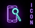 Glowing neon line Mobile phone diagnostics icon isolated on black background. Adjusting app, service, setting options Royalty Free Stock Photo