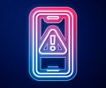 Glowing neon line Mobile phone with exclamation mark icon isolated on blue background. Alert message smartphone Royalty Free Stock Photo