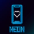 Glowing neon line Mobile phone with heart icon isolated on black background. Valentines day. Colorful outline concept Royalty Free Stock Photo