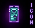 Glowing neon line Mobile phone with heart icon isolated on black background. Valentines day. Colorful outline concept Royalty Free Stock Photo