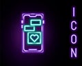 Glowing neon line Mobile phone with heart icon isolated on black background. Valentines day. Colorful outline concept Royalty Free Stock Photo