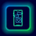 Glowing neon line Mobile phone with heart icon isolated on black background. Valentines day. Colorful outline concept Royalty Free Stock Photo