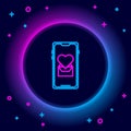 Glowing neon line Mobile phone with heart icon isolated on black background. Valentines day. Colorful outline concept Royalty Free Stock Photo