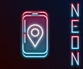 Glowing neon line Mobile smart phone with app delivery tracking icon isolated on black background. Parcel tracking Royalty Free Stock Photo