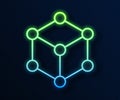 Glowing neon line Molecule icon isolated on blue background. Structure of molecules in chemistry, science teachers Royalty Free Stock Photo