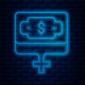 Glowing neon line Money growth woman icon isolated on brick wall background. Income concept. Business growth. Investing Royalty Free Stock Photo