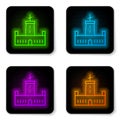 Glowing neon line Montjuic castle icon isolated on white background. Barcelona, Spain. Black square button. Vector