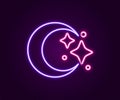 Glowing neon line Moon and stars icon isolated on black background. Cloudy night sign. Sleep dreams symbol. Full moon Royalty Free Stock Photo