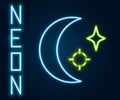 Glowing neon line Moon and stars icon isolated on black background. Cloudy night sign. Sleep dreams symbol. Full moon Royalty Free Stock Photo